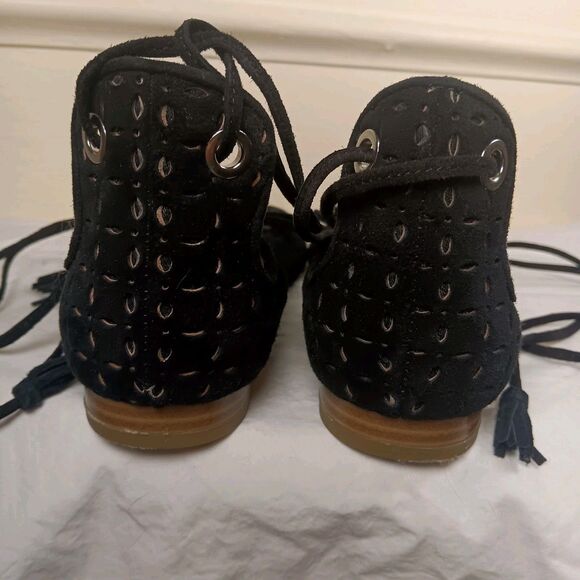 NWT HALOGEN Black LEATHER Suede LASERCUT Lace Up TASSLE Ballet Flats Sz 8.5 M - Picture 5 of 14